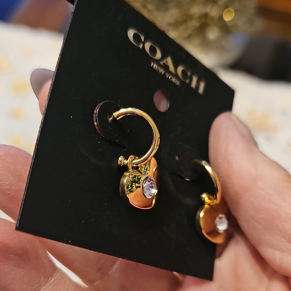 Coach Gold Heart Earrings with Crystal Accent - Picture 5 of 6